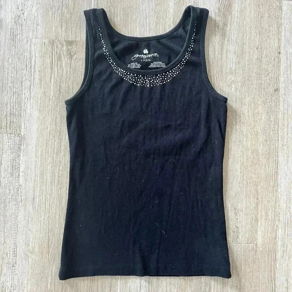 Womens Green Source Black Beaded Tank Top - L